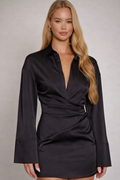 ISLA SATIN SHIRT DRESS - BLACK
